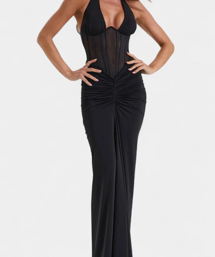 Mesh Corset Halter with Gathered Maxi Skirt Ensemble in Black