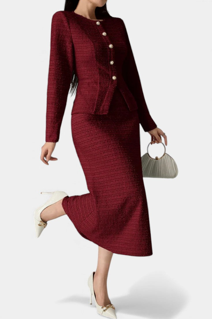 Round Neck Blouse with Midi Mermaid Skirt in Burgundy