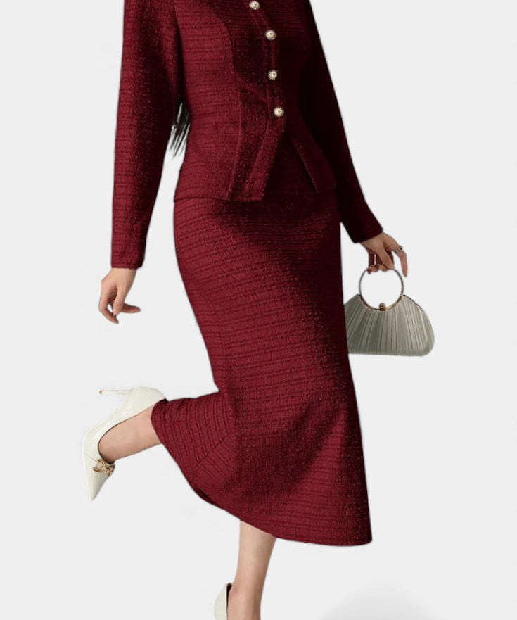 Round Neck Blouse with Midi Mermaid Skirt in Burgundy
