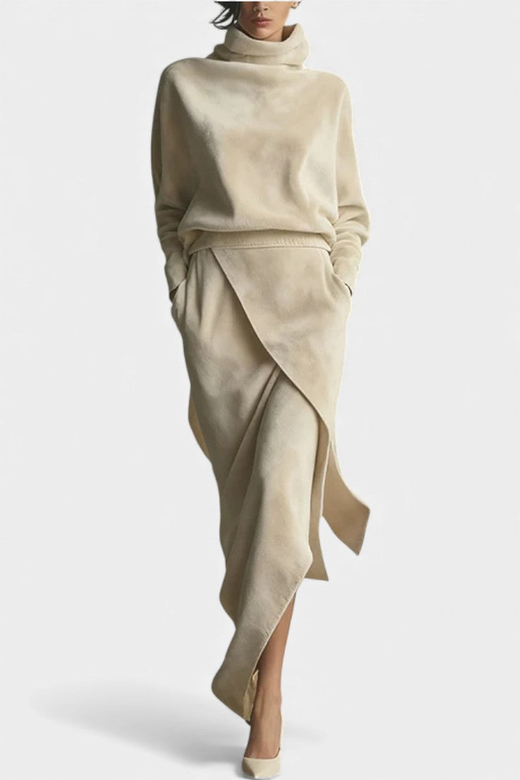 Women's Asymmetrical Velvet Casual Ensemble in Beige