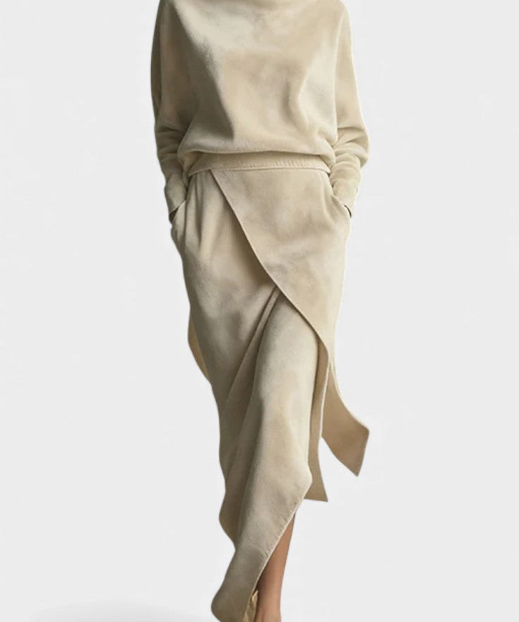 Women's Asymmetrical Velvet Casual Ensemble in Beige