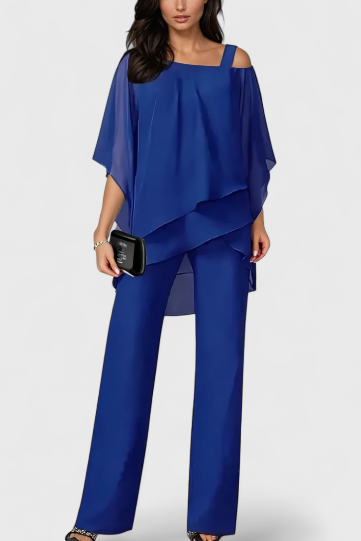 Flowy Off-Shoulder Two-Piece Kitty Set in Blue
