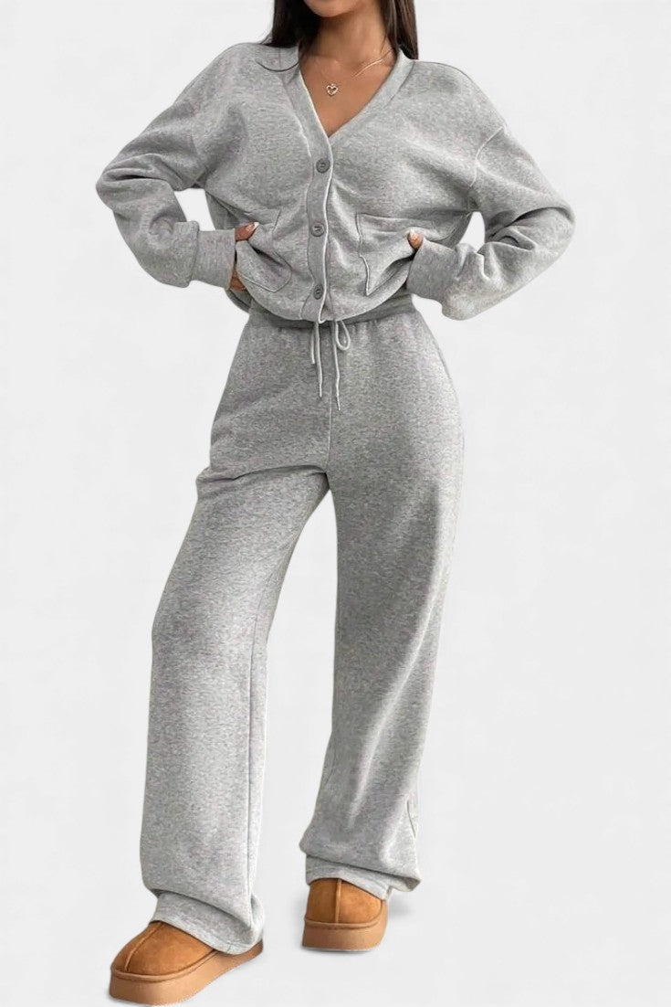 Relaxed Cardigan Jacket & Wide-Leg Pants Set in Gray