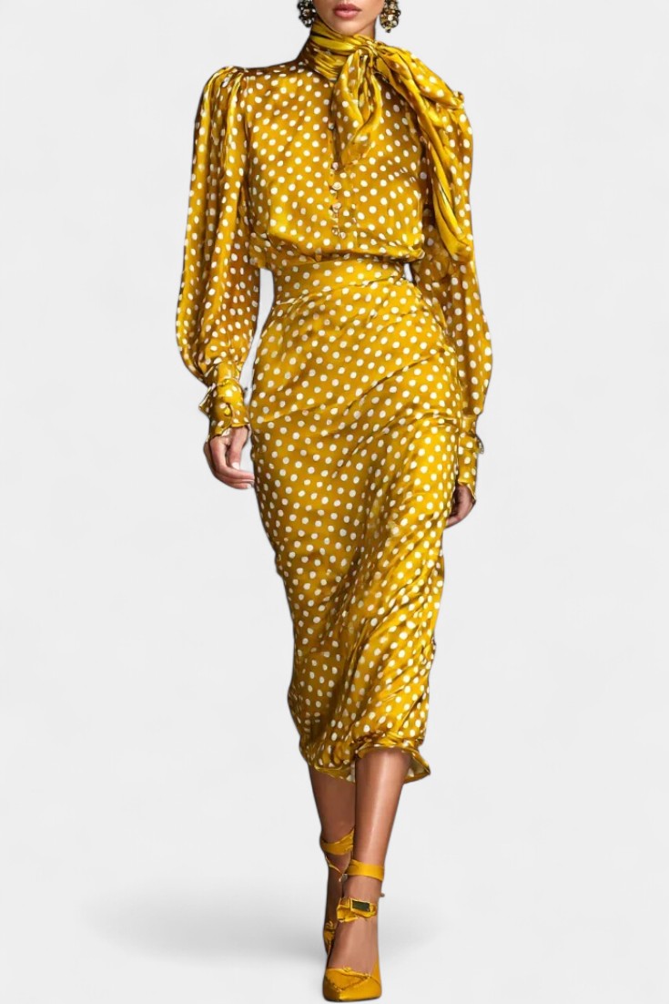 Polka Dot Satin Set with Matching Midi Skirt in Yellow
