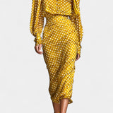 Polka Dot Satin Set with Matching Midi Skirt in Yellow