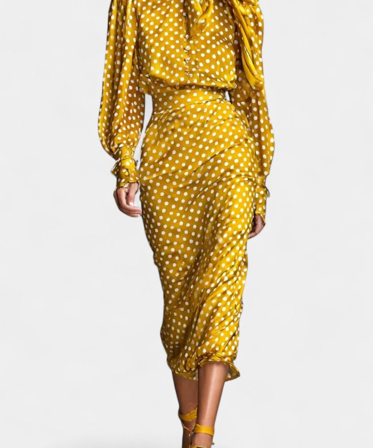 Polka Dot Satin Set with Matching Midi Skirt in Yellow