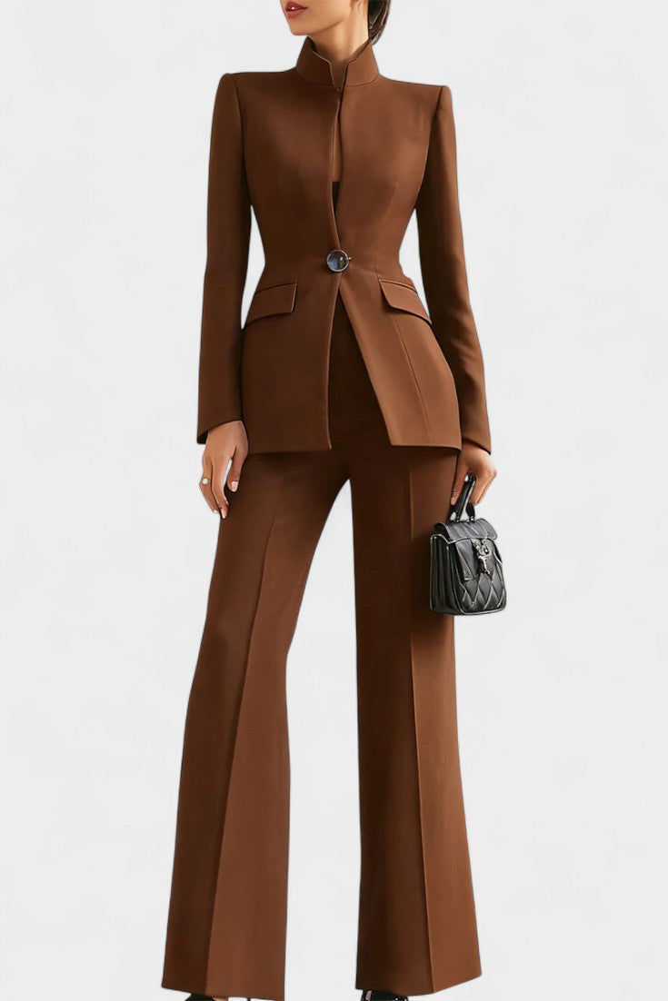 High-Collar Two-Piece Wide-Leg Set in Brown