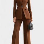 High-Collar Two-Piece Wide-Leg Set in Brown