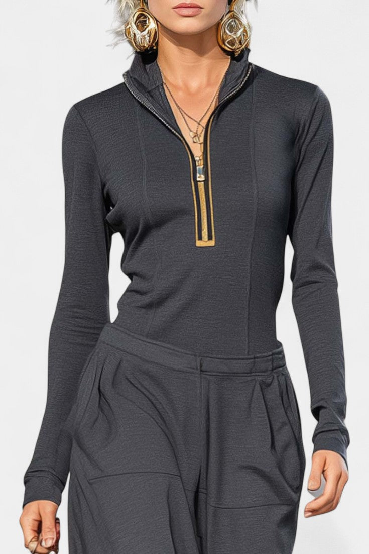 Dark Gray Set Featuring High Collar and Wide-Leg Pants, photo 2