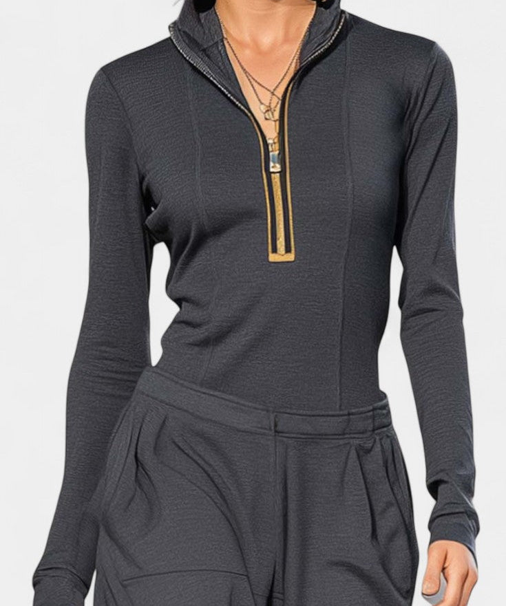 Dark Gray Set Featuring High Collar and Wide-Leg Pants, photo 2
