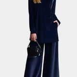 Women's Velvet High Neck Split Jumpsuit in Navy Blue