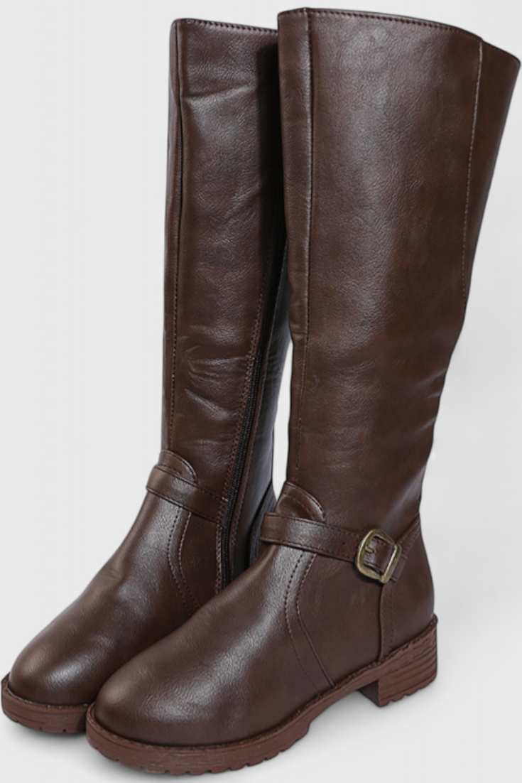 Buckled High Boots with Zipper Closure in Coffee