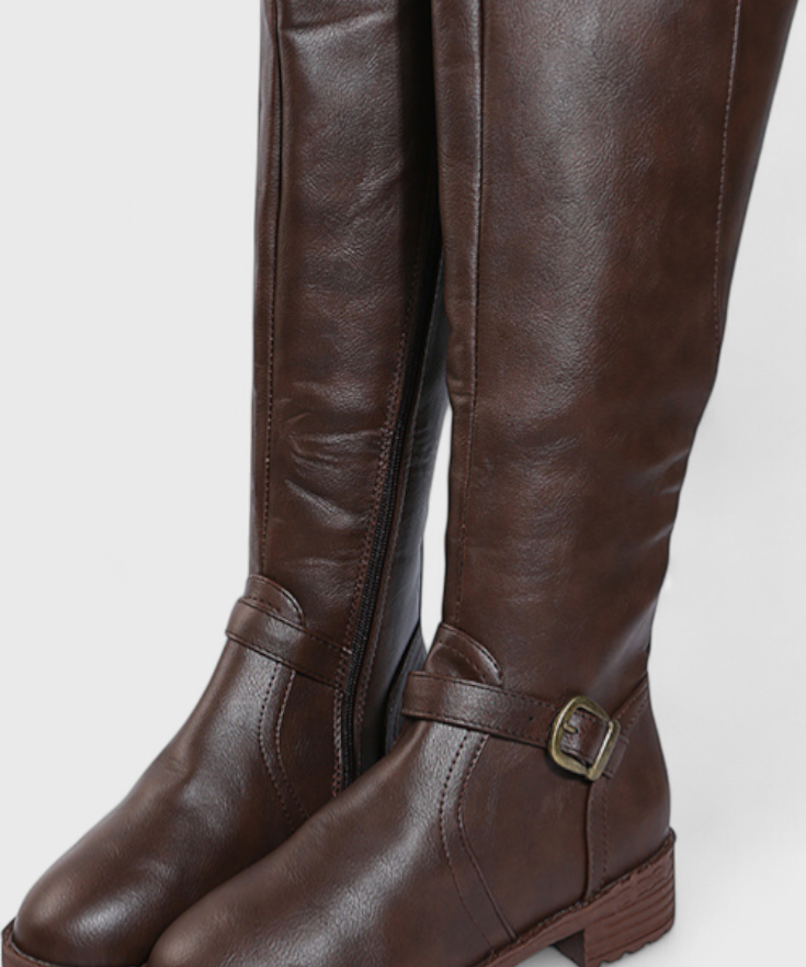 Buckled High Boots with Zipper Closure in Coffee