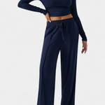 Elastic-Fit Viscose Yoga Set with Round Neck in Navy