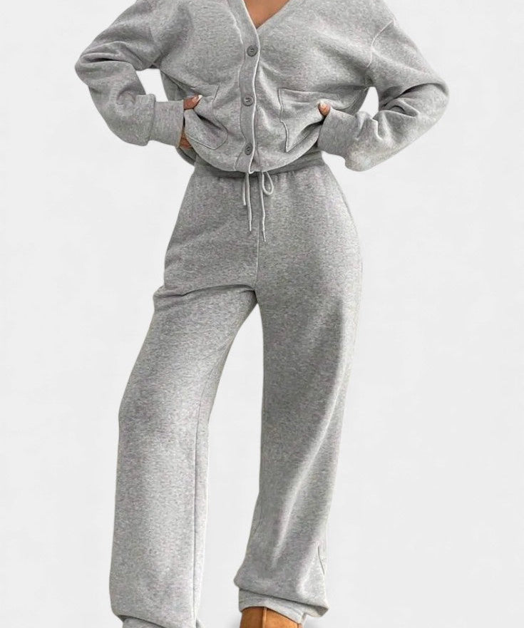 Cozy Cardigan Jacket & Wide-Leg Pants Set in Gray
