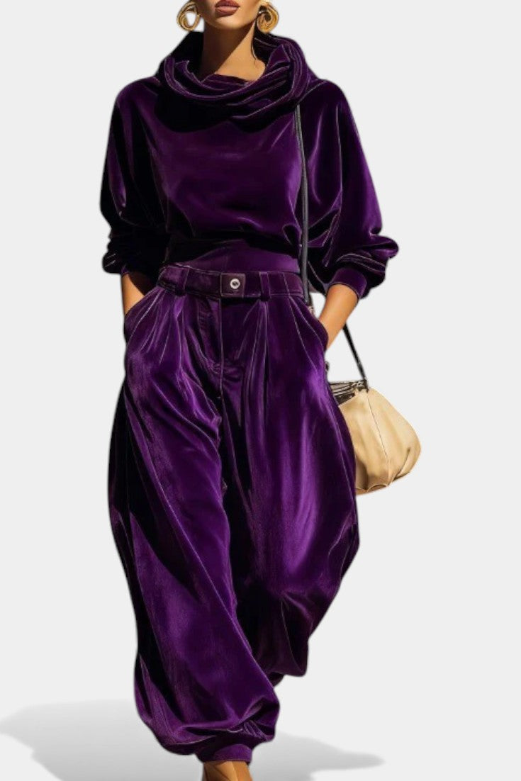 Vintage Brown Velvet Hooded Ensemble with Relaxed Pants in Purple