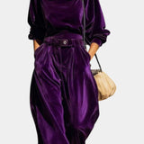 Vintage Brown Velvet Hooded Ensemble with Relaxed Pants in Purple