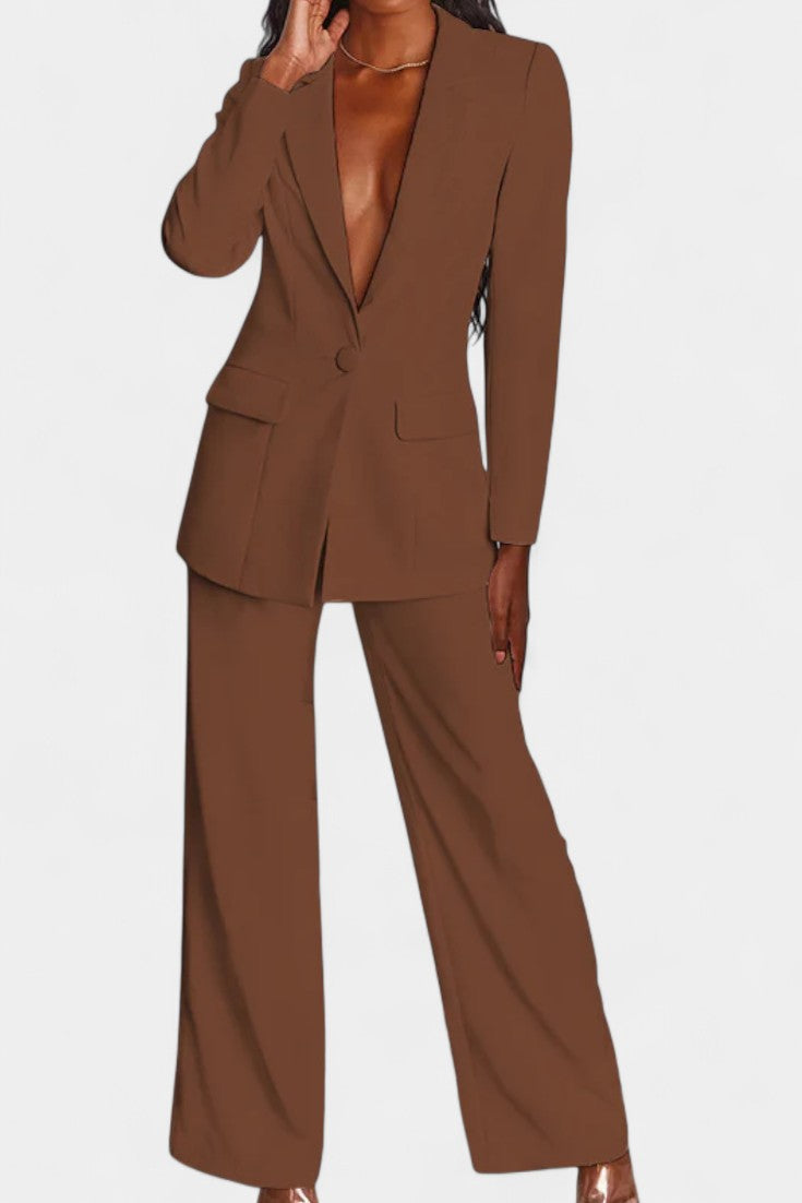 Blazer and High-Waisted Pants Ensemble in Brown