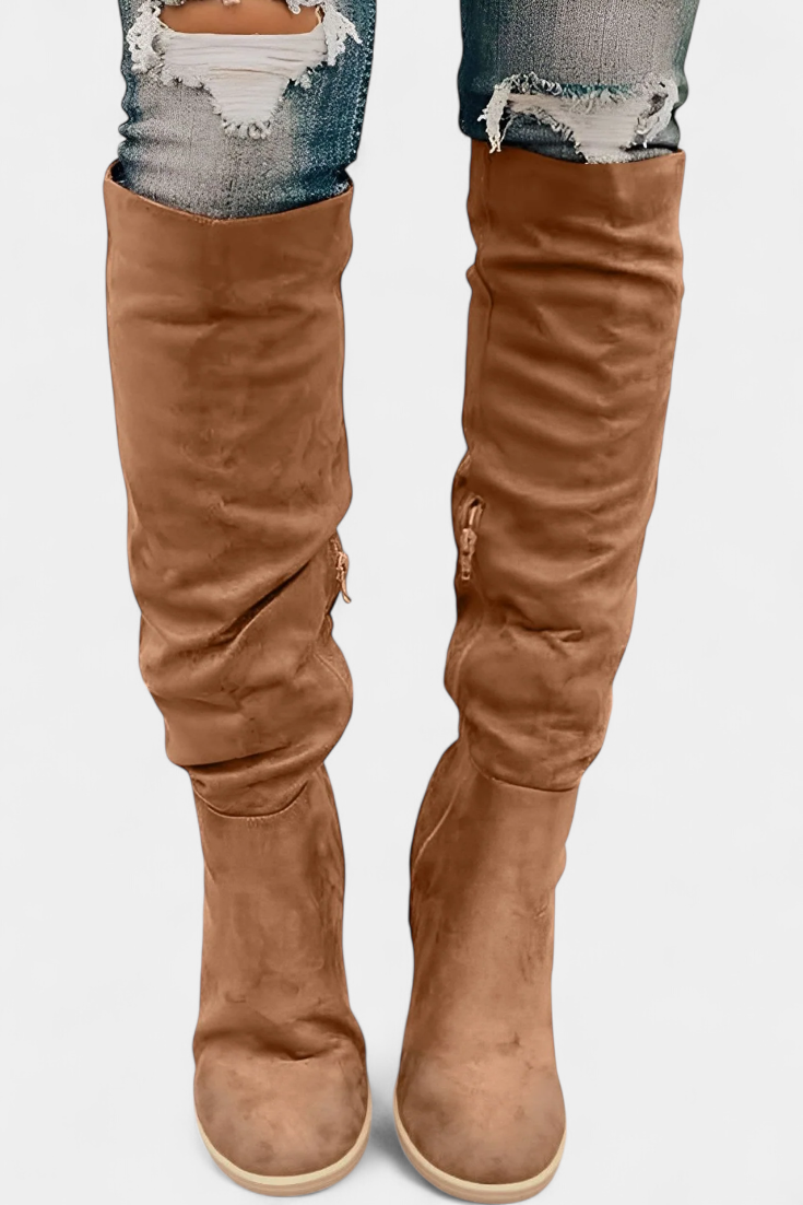 Women's Chunky Heeled Round Toe Boots in Brown