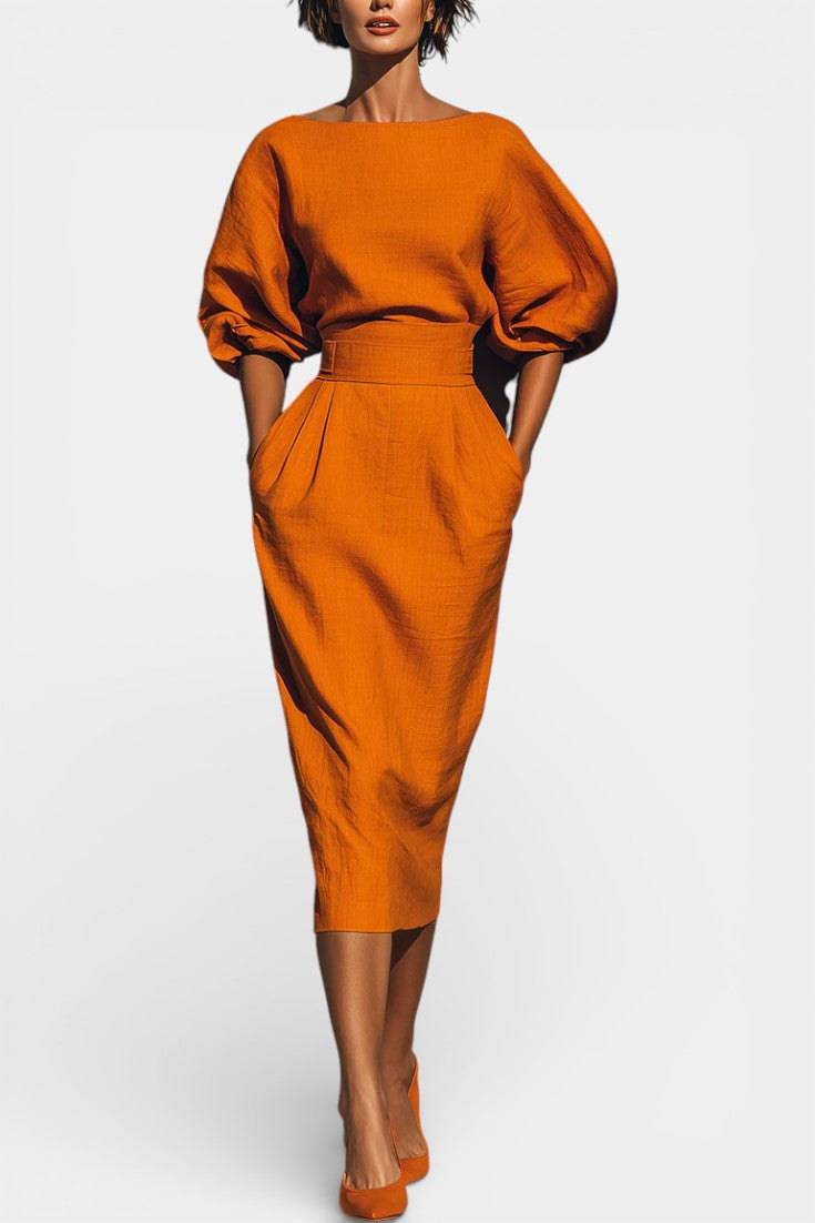 Structured Top and Midi Skirt Two-Piece Set in Orange