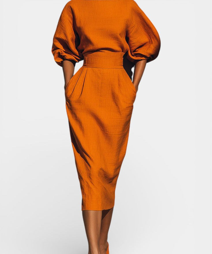 Structured Top and Midi Skirt Two-Piece Set in Orange