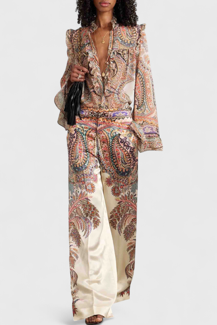Women's Paisley Print Ruffled Blouse Set in Multicolor