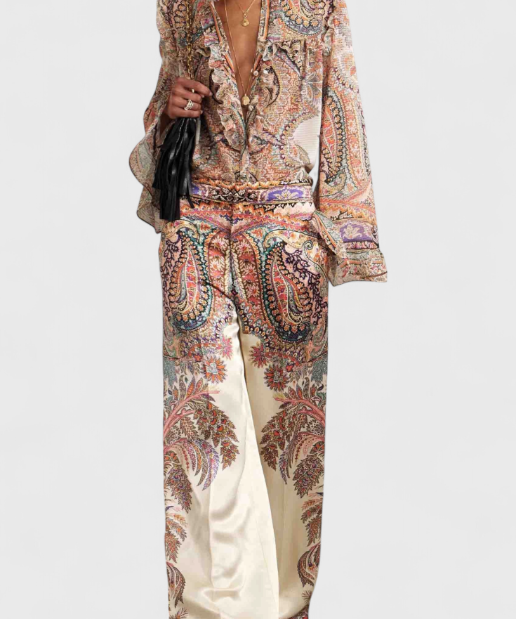 Women's Paisley Print Ruffled Blouse Set in Multicolor