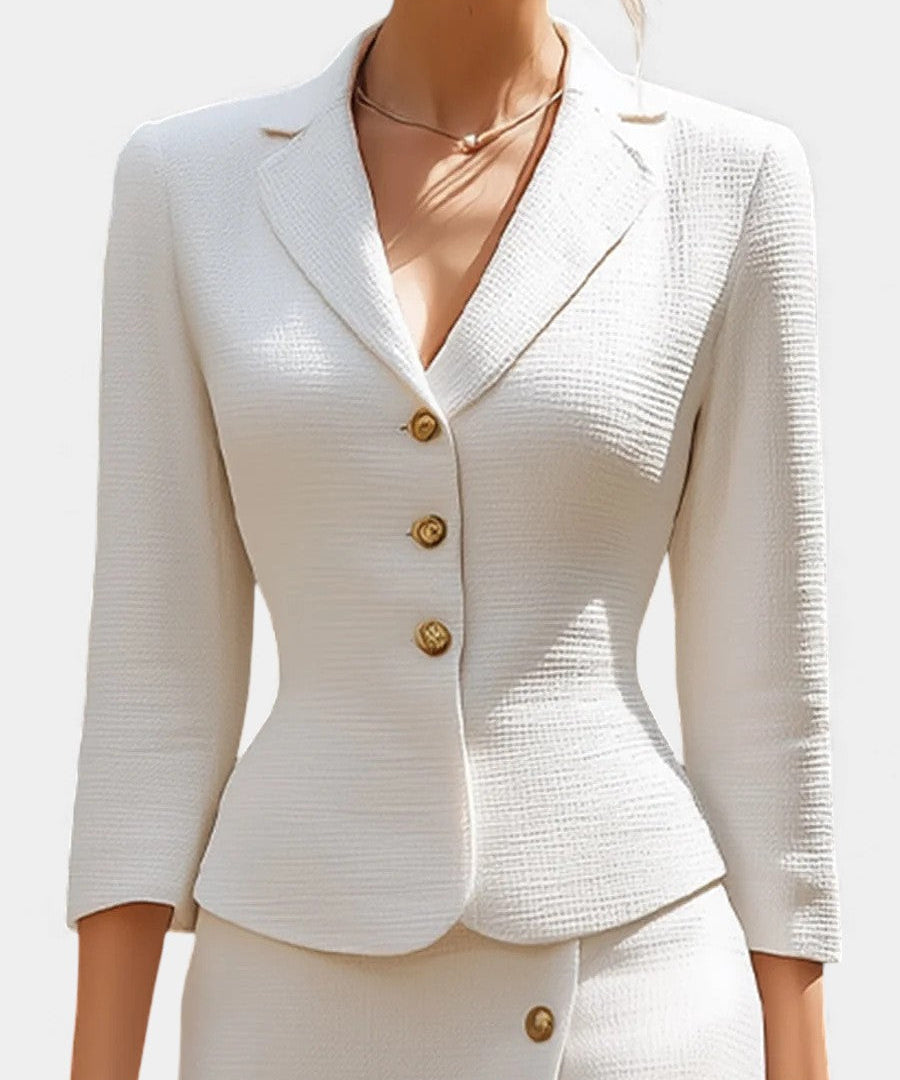 Chic Ecru Tailored Suit with Flowing Long Wrap Skirt, photo 2