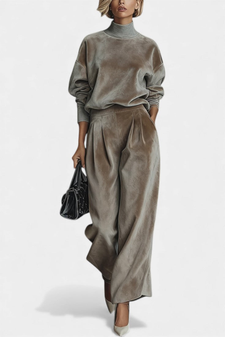Women's Cozy Velvet Turtleneck Lounge Set in Gray