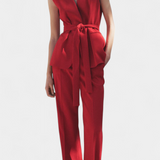 Women's Belted Gilet and Wide-Leg Pant Set in Red