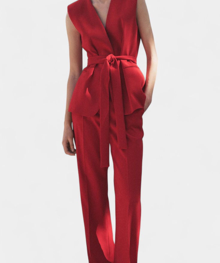 Women's Belted Gilet and Wide-Leg Pant Set in Red