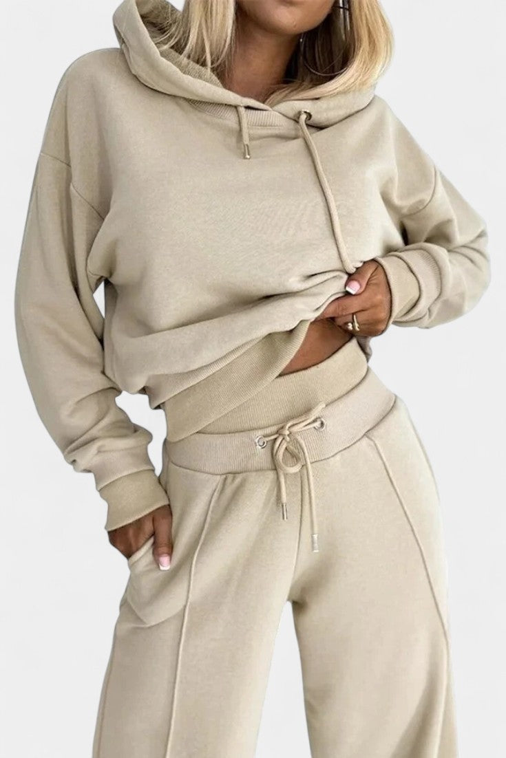 Oversized Comfort Hoodie and High-Waisted Pants Set in Beige