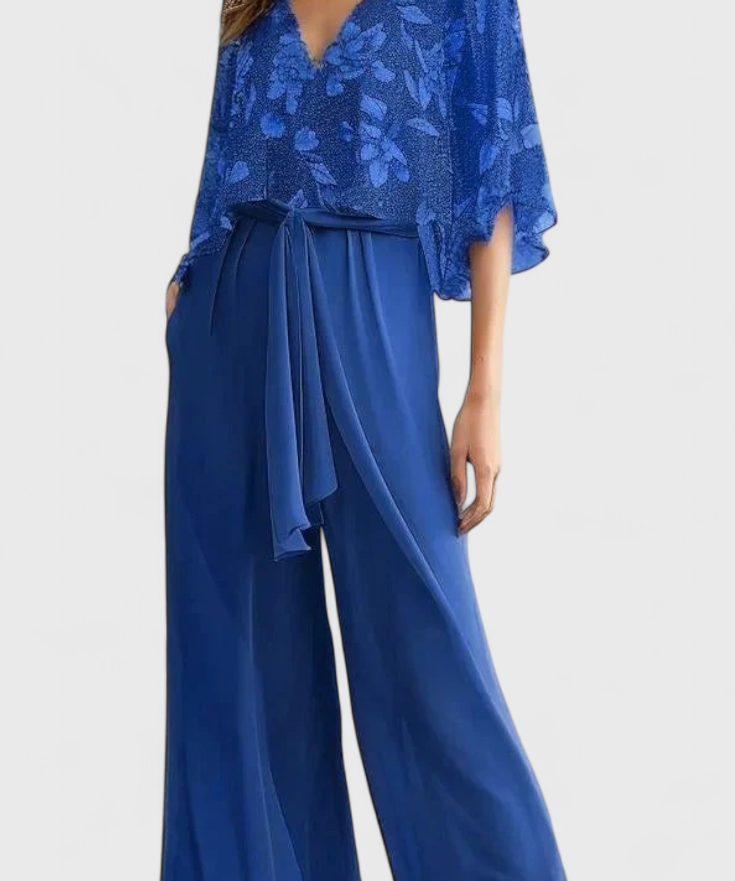 Women's V-Neck Top and Wide Leg Pants Set in Navy
