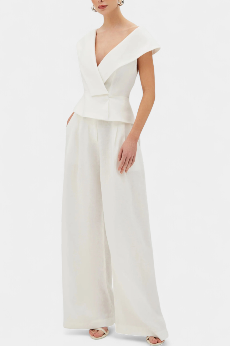 Ensemble Structured Top with Wrap Neck and Palazzo Pants in White