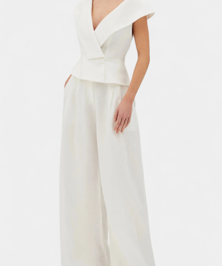 Ensemble Structured Top with Wrap Neck and Palazzo Pants in White