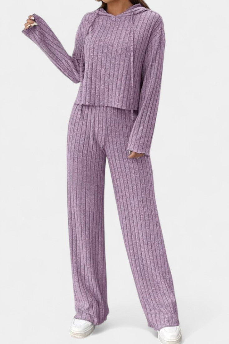 Women's Striped Knit Hoodie and Pants Set in Purple