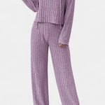 Women's Striped Knit Hoodie and Pants Set in Purple
