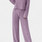 Women's Striped Knit Hoodie and Pants Set in Purple
