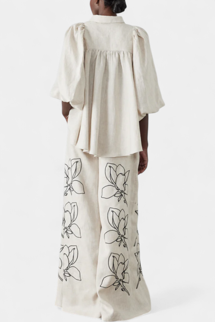 Puff Sleeve Blouse & Wide-Leg Floral Linen Pants Set, photo 5