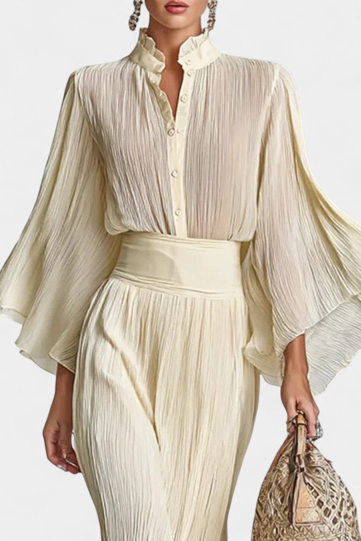 High-Collar Pleated Top & Long Slit Skirt, photo 2