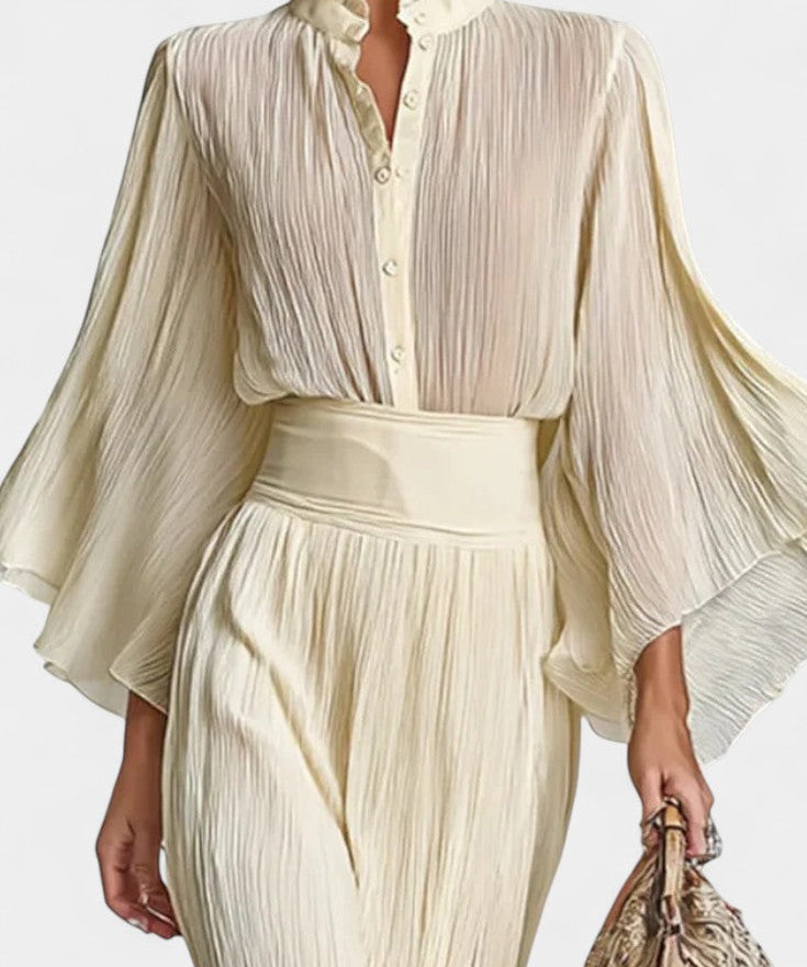 High-Collar Pleated Top & Long Slit Skirt, photo 2
