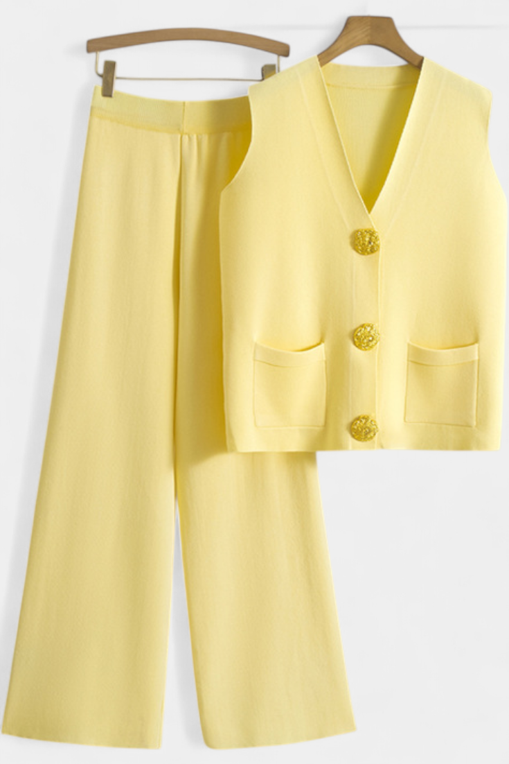 Women's Knit Vest with Wide-Leg Pants in Yellow