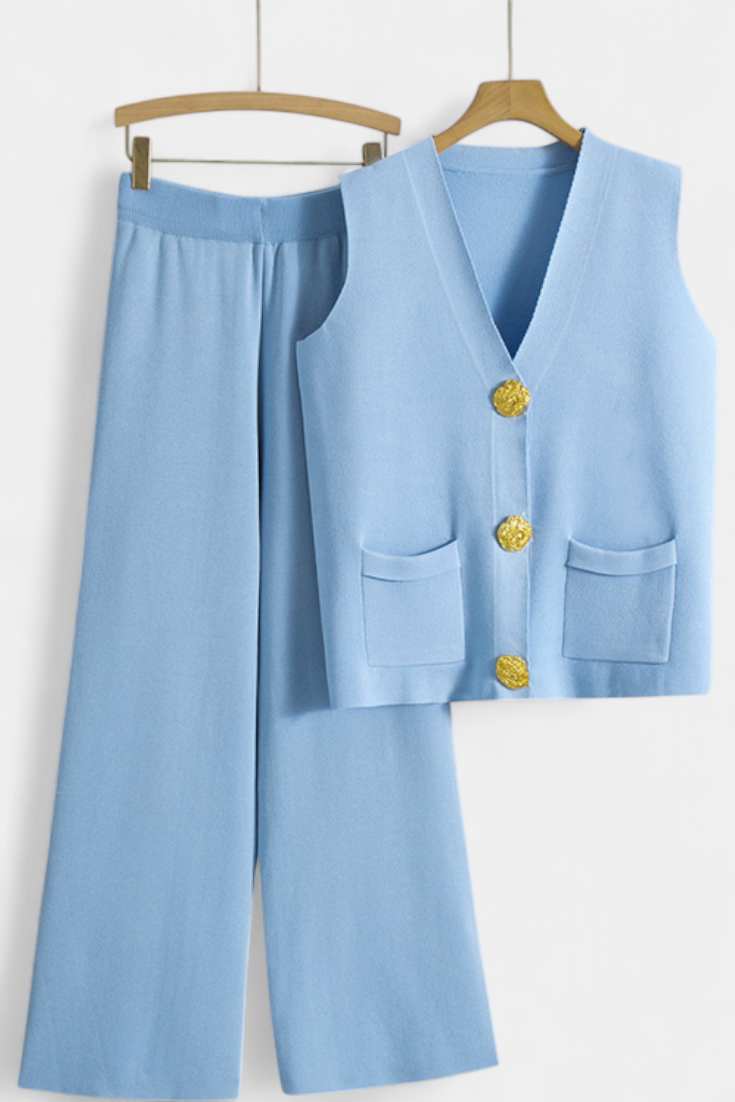 Women's Knit Vest with Wide-Leg Pants in Blue