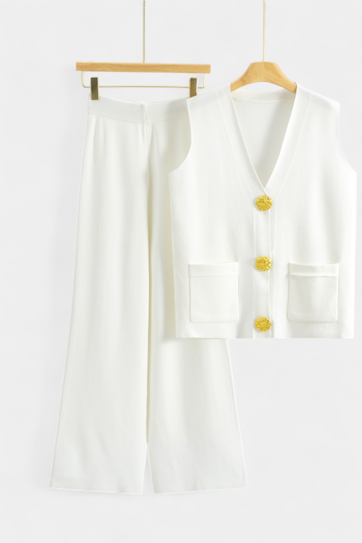 Women's Knit Vest with Wide-Leg Pants in White