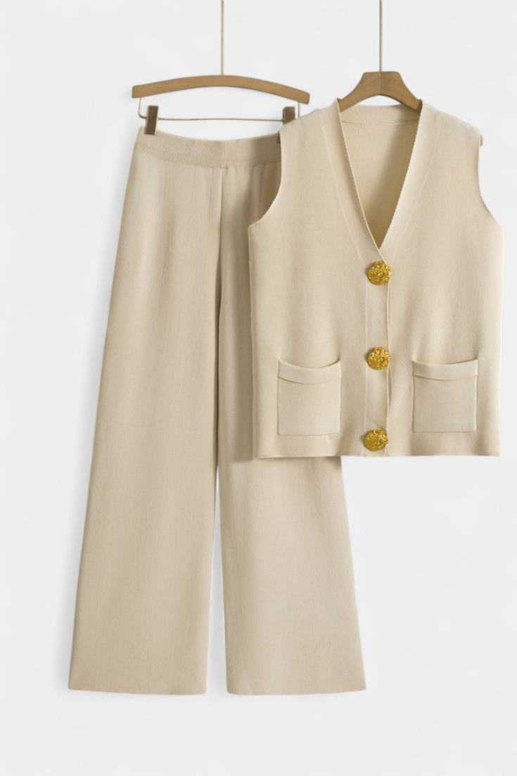 Women's Knit Vest with Wide-Leg Pants in Cream