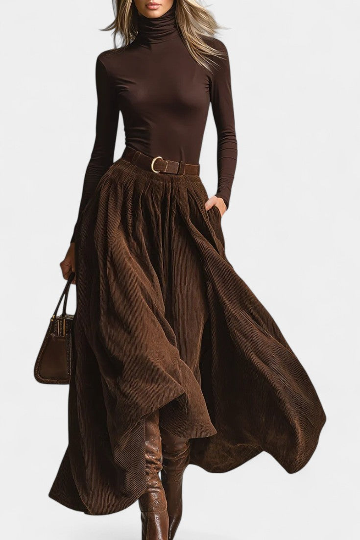 Brown Turtleneck & Corduroy Skirt Set in Dark Brown