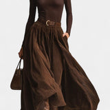 Brown Turtleneck & Corduroy Skirt Set in Dark Brown