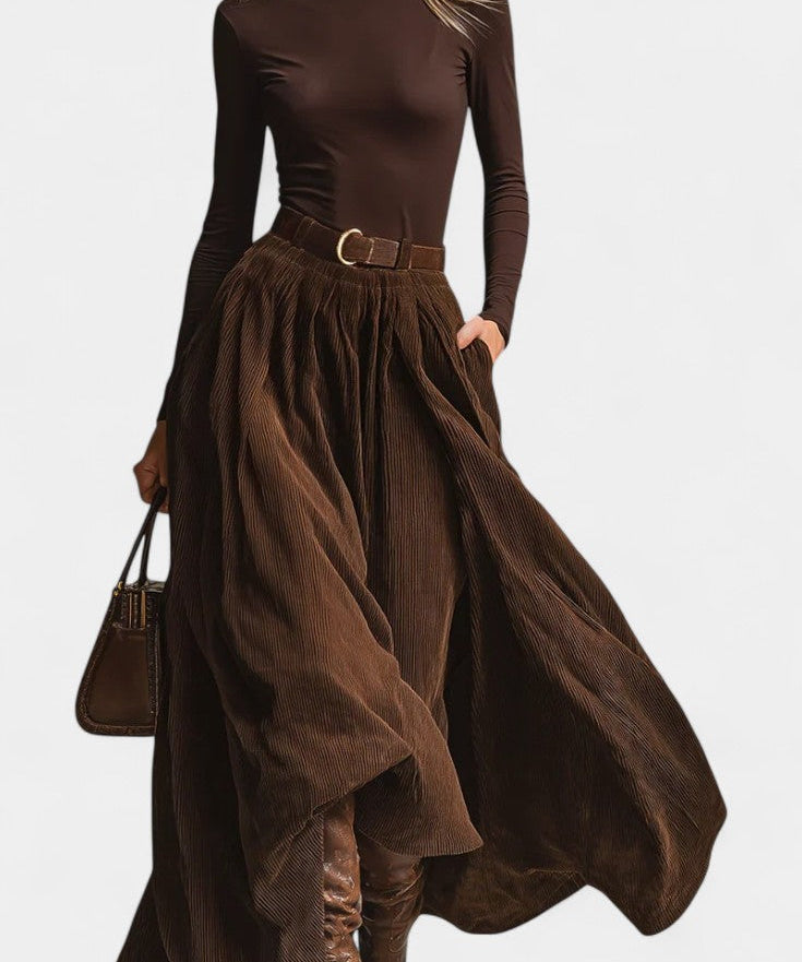 Brown Turtleneck & Corduroy Skirt Set in Dark Brown