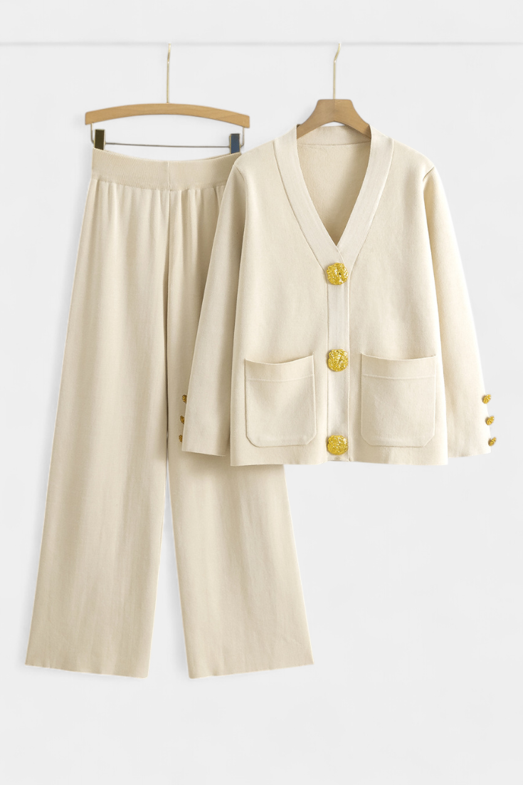 Classic Cardigan Set with Wide-Leg Pants in Beige