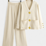 Classic Cardigan Set with Wide-Leg Pants in Beige